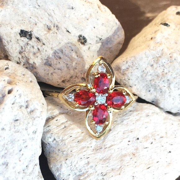 Tanzanian Ruby & White Zircon 9K Yellow Gold Ring Genuine Gemstones July - Picture 11 of 14